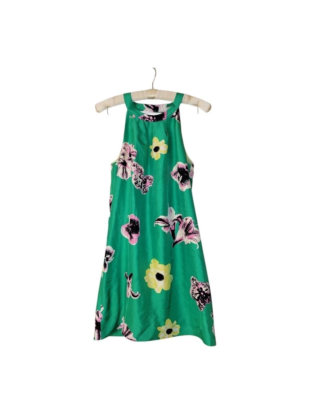 100% Silk Green Floral Garden Party Summer Tea Dress Size 0 Retro Flowers